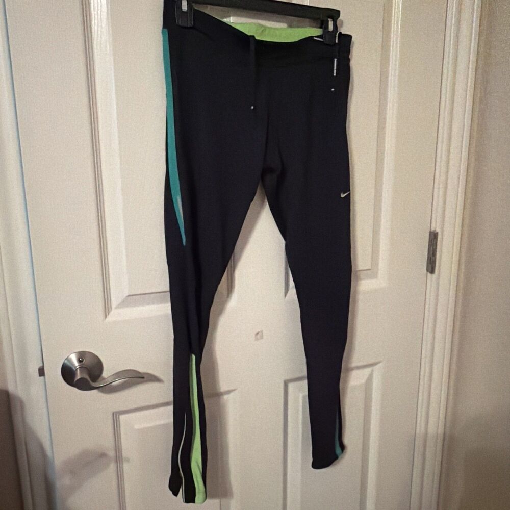 Nike Dri Fit Running Athletic Leggings Black W/ Green Zip Grip Ankle, Medium